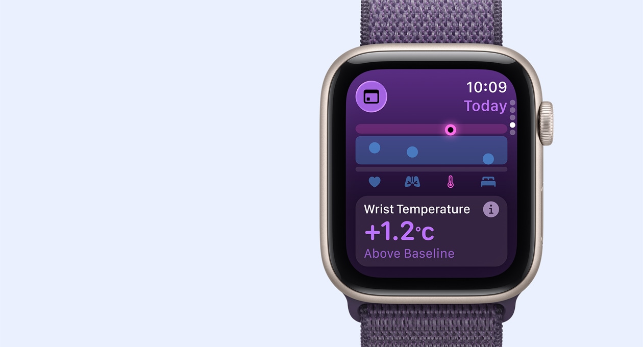 Apple Watch SE 3, алуминиев корпус, астро бял цвят, показател за температура на китката, външна дясна страна, Digital Crown, каишка, Sport Loop, цвят лилава мъгла