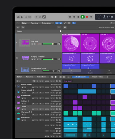 Écran de MacBook Pro 16 pouces, interface de Logic Pro avec une fenêtre d’ondes sonores de synthétiseur ouverte et des instruments et effets en arrière-plan