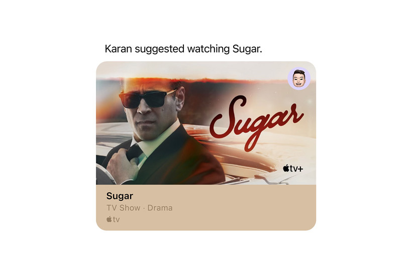 Una notifica nell’app Apple TV Plus per ricordare all’utente che un contatto ha condiviso un suggerimento