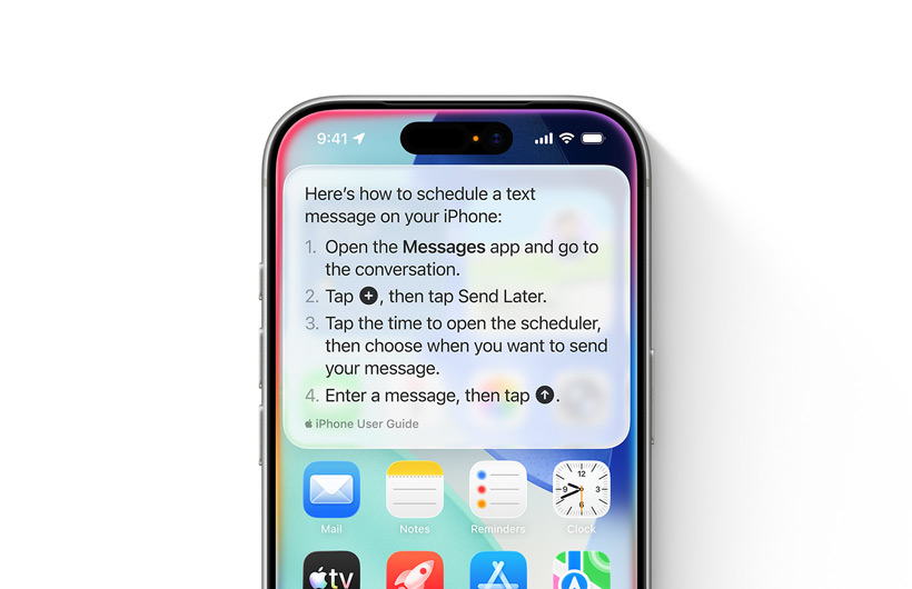 En iPhone vises med en trinvis vejledning til at planlægge en besked, der skal sendes senere