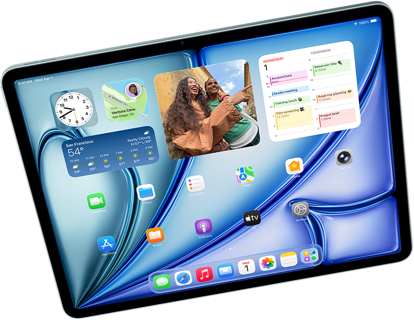 Οριζόντια προβολή ενός iPad Air που δείχνει το Apple Intelligence με Image Playground, Keynote και Apple Pencil Pro
