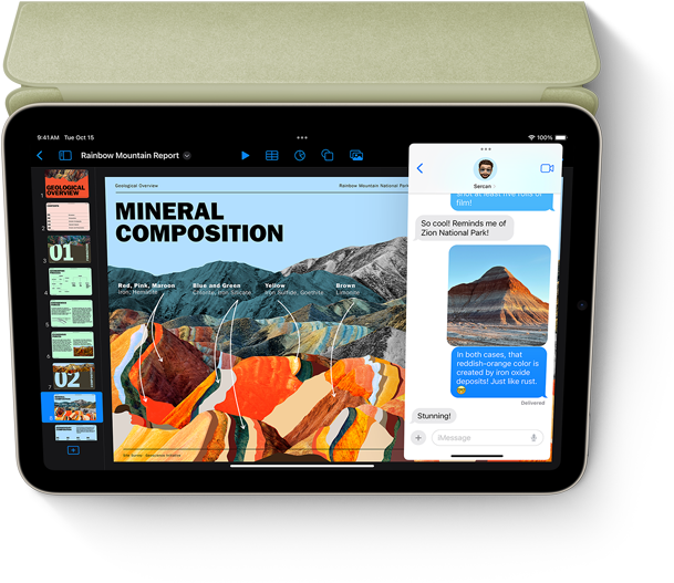 iPad mini u pejzažnom prikazu s aplikacijama Keynote i Poruke sa značajkom Slide Over.