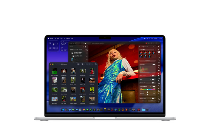 A Pixelmator képernyője, amely a MacBook Air tárhelyét és memóriáját szemlélteti