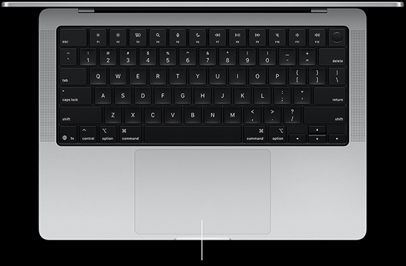 A felnyitott fedelű 14 hüvelykes MacBook Pro felülnézeti képe, melyen jól látszik a billentyűzet alatt elhelyezkedő Force Touch érintőpad