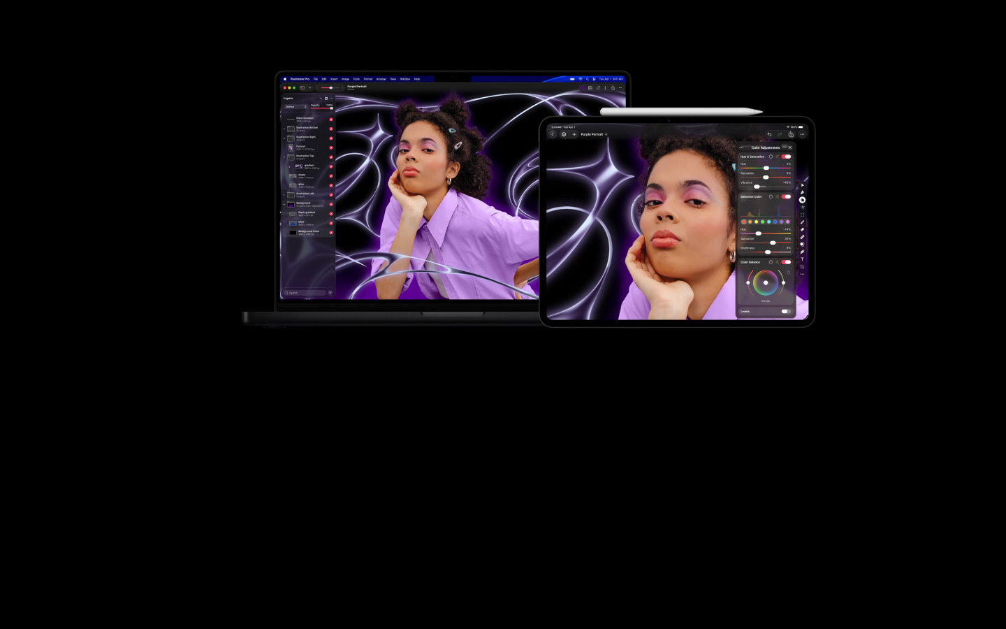 Gambar seseorang berambut kepang dan mengenakan sweater ungu, dengan latar belakang abstrak yang disusun bergaya, berpindah ke perangkat MacBook Pro 16 dan iPad Pro 13, layar menampilkan ruang kerja Pixelmator Pro dengan panel lapisan di samping, pengeditan gambar