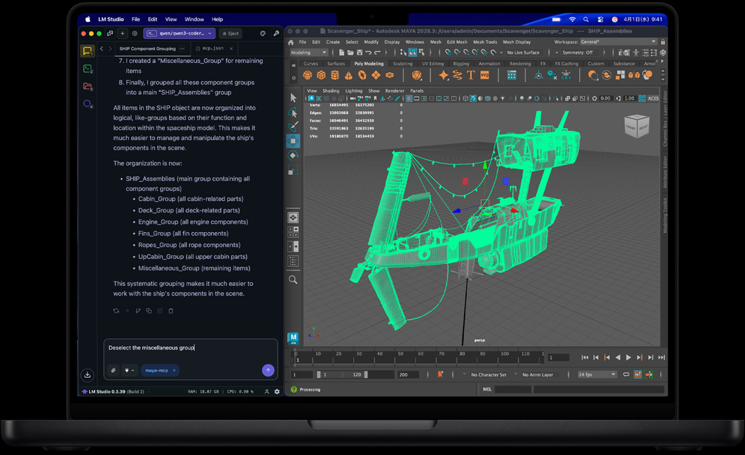 MacBook Proの画面にLM StudioとAutodesk Mayaが表示されている
