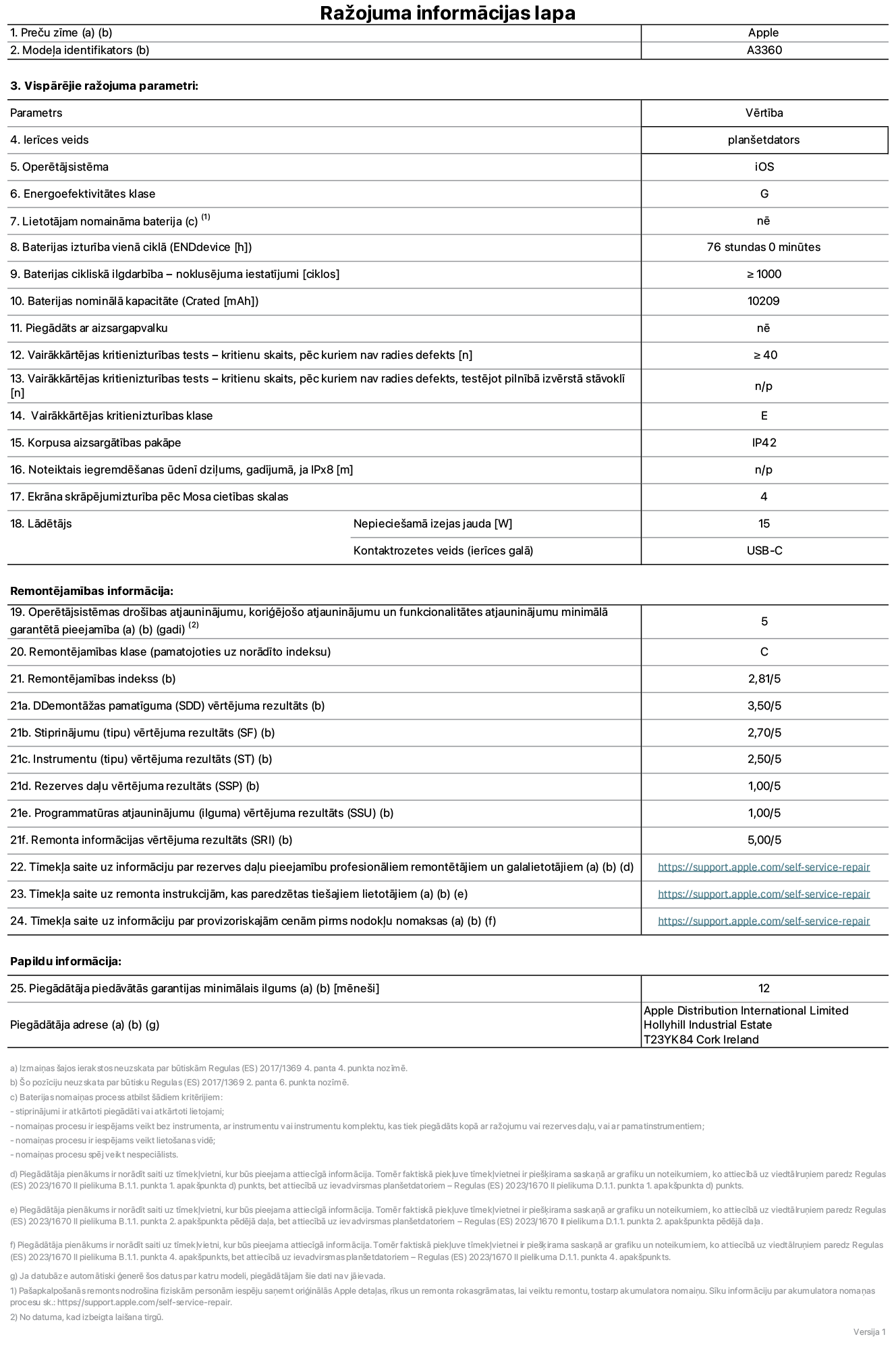 Produkta informācijas lapa – 13 collu iPad Pro Wi-Fi, modelis A3360. Piegādātājs: Apple Distribution International Limited, Hollyhill Industrial Estate. Korka, Īrija, T23 YK84. Ierīces veids: planšetdators. Operētājsistēma: iOS. Energoefektivitātes klase: G. Lietotāja paša spēkiem nomaināms akumulators: nē. Akumulatora izturība vienā ciklā: 76 stundas. Akumulatora cikliskā izturība – noklusējuma iestatījumi: lielāka par vai vienāda ar 1000. Akumulatora nominālā kapacitāte: 10,209 miliampērstundas. Piegādāts ar aizsargapvalku: nē. Vairākkārtējas kritienizturības tests – kritienu skaits, pēc kuriem nav radies defekts: lielāks par vai vienāds ar 40. Vairākkārtējas kritienizturības tests – kritienu skaits, pēc kuriem nav radies defekts, testējot pilnībā izvērstā stāvoklī: nav piemērojams. Vairākkārtējas kritienizturības klase: E. Korpusa aizsargātības pakāpe: IP42. Noteiktais iegremdēšanas ūdenī dziļums, gadījumā, ja IPx8: nav piemērojams. Ekrāna skrāpējumizturība pēc Mosa cietības skalas: 4. Lādētājam nepieciešamā izejas jauda: 15 vati. Lādētāja kontaktrozetes veids (ierīces galā): USB-C. Operētājsistēmas drošības atjauninājumu, koriģējošo atjauninājumu un funkcionalitātes atjauninājumu minimālā garantētā pieejamība: 5 gadi. Remontējamības klase: C. Remontējamības indekss: 2,81/5. Demontāžas pamatīguma (SDD) vērtējuma rezultāts: 3,50/5. Stiprinājumu vērtējuma rezultāts: 2,70/5. Instrumentu vērtējuma rezultāts: 2,50/5. Rezerves daļu vērtējuma rezultāts: 1,00/5. Programmatūras atjauninājumu vērtējuma rezultāts: 1,00/5. Remonta informācijas vērtējuma rezultāts: 5,00/5. Tīmekļa saite uz informāciju par rezerves daļu pieejamību profesionāliem remontētājiem un galalietotājiem: https://support.apple.com/self-service-repair. Tīmekļa saite uz remonta instrukcijām, kas paredzētas galalietotājiem: https://support.apple.com/self-service-repair. Tīmekļa saite uz informāciju par provizoriskajām cenām pirms nodokļu nomaksas: https://support.apple.com/self-service-repair. Piedāvātās garantijas standarta ilgums: 12 mēneši.