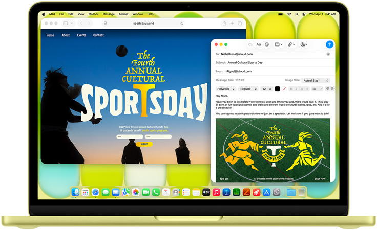 MacBook Neo citrusa krāsā, lietotājs raksta e-pastu ar uzaicinājumu uz mākslas izstādi, blakus ir atvērta pasākuma interneta lapa