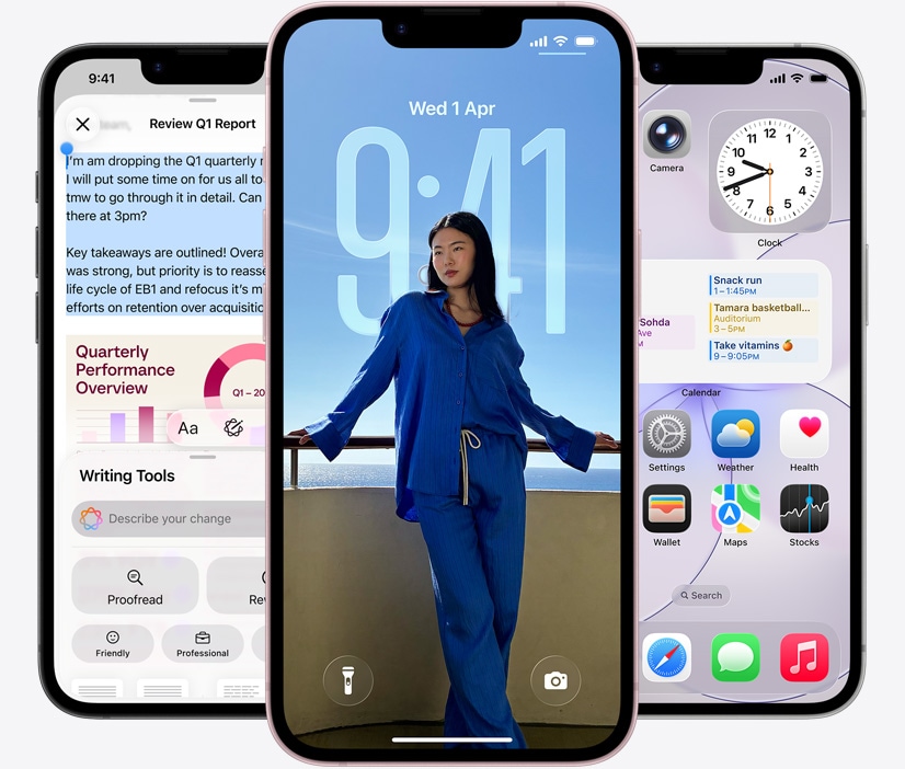 Three iPhone 17e devices, front exterior, screenshot featuring Writing Tools in use, Lock Screen showing a photo of a person, and Messages app