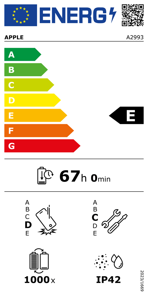 Etykieta energetyczna UE, kod QR i informacje, model Apple A2993, klasa E, klasy efektywności energetycznej (w skali od A do G), od A (najwyższa efektywność) do G (najniższa efektywność), trwałość baterii na cykl, 67 godzin i 0 minut na pełne naładowanie baterii, wytrzymałość na spadki swobodne wielokrotne klasy D, od A (największa solidność) do E (najmniejsza solidność), możliwość naprawy klasy C, od A (największa możliwość naprawy) do E (najmniejsza możliwość naprawy), trwałość baterii w cyklach 1000, ochrona przed wnikaniem pyłu i wody (IP) klasy IP42, rozporządzenie 2023/1669