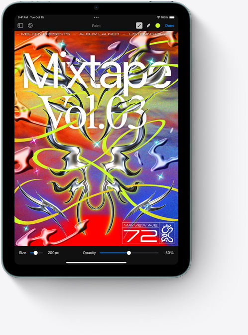 Ustawiony pionowo iPad mini wyświetlający kolorowy ekran aplikacji Pixelmator.