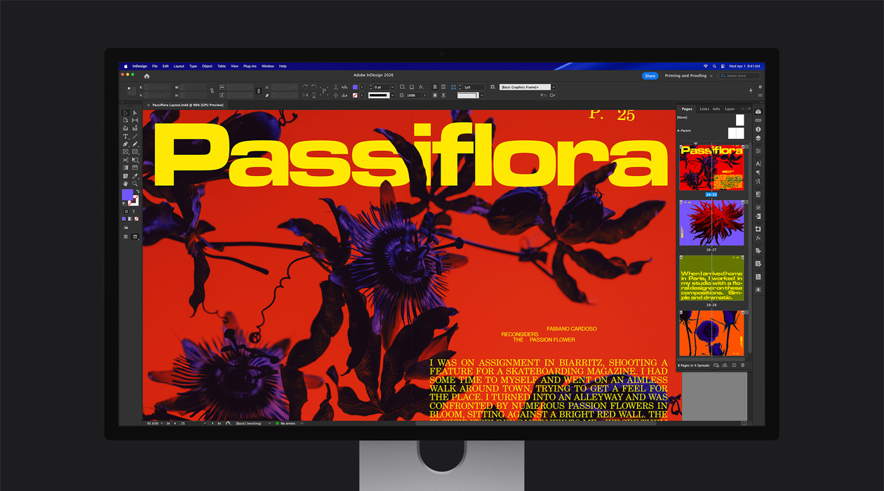 Projekt Adobe InDesign 2026 z wyrazistym artykułem w czasopiśmie prezentujący przestrzeń kolorów P3 i Adobe RGB