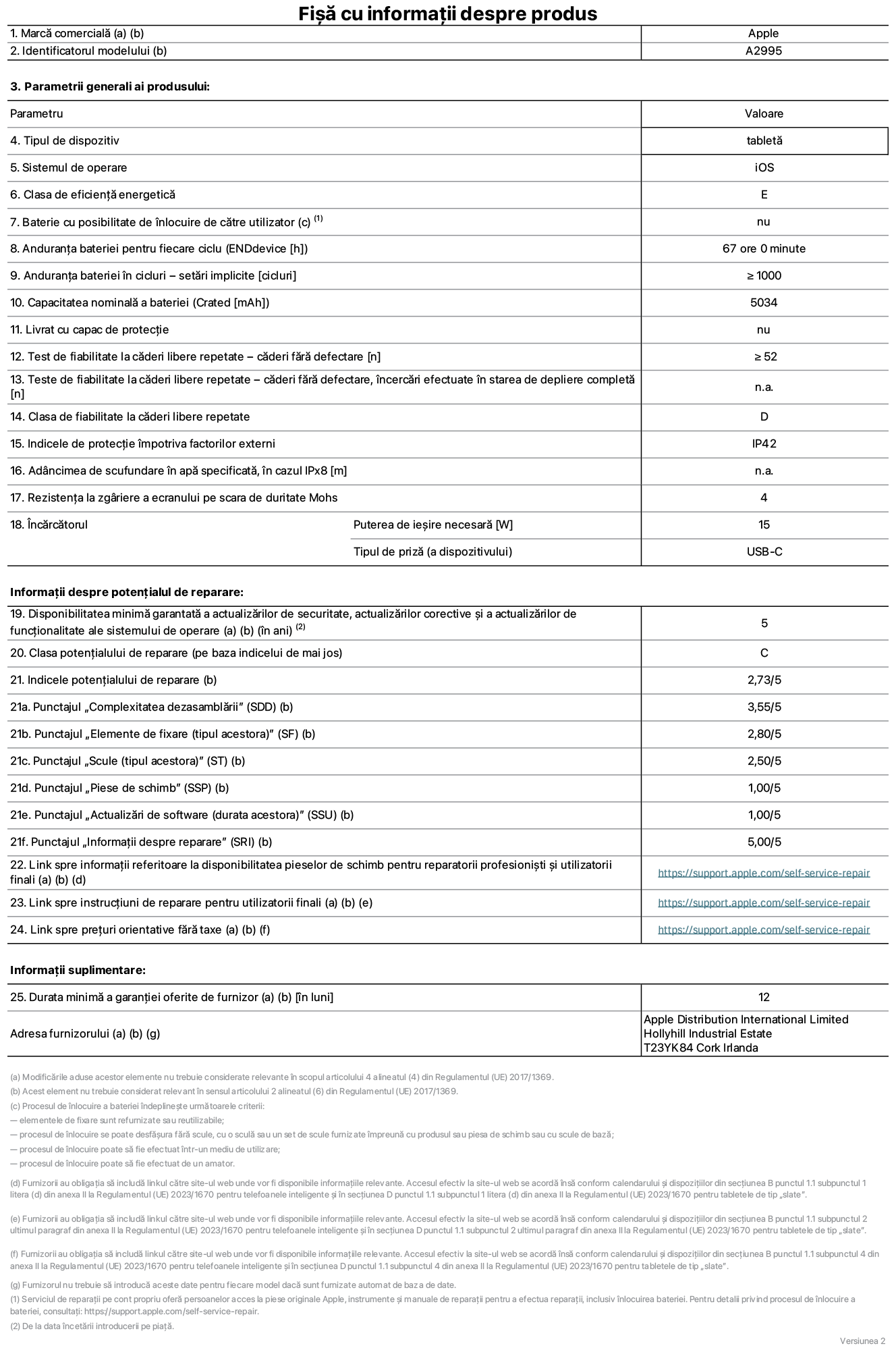 Fișa cu informații despre produs pentru iPad mini Wi-Fi + Cellular, modelul A2995. Furnizată de Apple Distribution International Ltd, Hollyhill Industrial Estate. Cork, Irlanda T23 YK84. Tipul de dispozitiv: tabletă. Sistemul de operare: iOS. Clasa de eficiență energetică: E. Baterie cu posibilitate de înlocuire de către utilizator: nu. Anduranța bateriei: 67 de ore. Anduranța bateriei în cicluri: mai mare sau egală cu 1000. Capacitatea nominală a bateriei: 5034 mAh. Test de fiabilitate la căderi libere repetate – căderi fără defectare: mai mare sau egal cu 52. Clasa de fiabilitate la căderi libere repetate: D. Indicele de protecție împotriva factorilor externi: IP42. Rezistența la zgâriere a ecranului pe scara de duritate Mohs: 4. Puterea de ieșire necesară pentru încărcător: 15 W. Tipul de priză pentru încărcător: USB-C. Disponibilitatea minimă garantată a actualizărilor de securitate, a actualizărilor corective și a actualizărilor de funcționalitate ale sistemului de operare: 5 ani. Clasa potențialului de reparare: C. Indicele potențialului de reparare: 2,73/5. Punctajul „Complexitatea dezasamblării”: 3,55/5. Punctajul „Elemente de fixare”: 2,80/5. Punctajul „Scule”: 2,50/5. Punctajul „Piese de schimb”: 1,00/5. Punctajul „Actualizări de software”: 1,00/5. Punctajul „Informații despre reparare”: 5,00/5. Link spre informații referitoare la disponibilitatea pieselor de schimb pentru reparatorii profesioniști și utilizatorii finali: https://support.apple.com/self-service-repair. Link spre instrucțiuni de reparare pentru utilizatorii finali: https://support.apple.com/self-service-repair. Link spre prețuri orientative fără taxe: https://support.apple.com/self-service-repair. Garanție generală oferită: 12 luni.