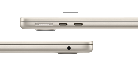 MacBook Air, închis, pe partea stângă se văd portul MagSafe și două porturi Thunderbolt, pe partea dreaptă se vede mufa pentru căști