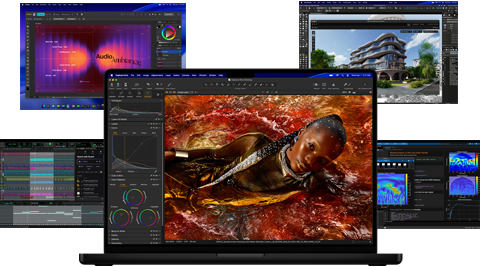 O varietate de conținut colorat pe ecran, de la producție muzicală, design grafic, animație 3D și aplicații de editare foto pe Mac, demonstrând o performanță grafică de top
