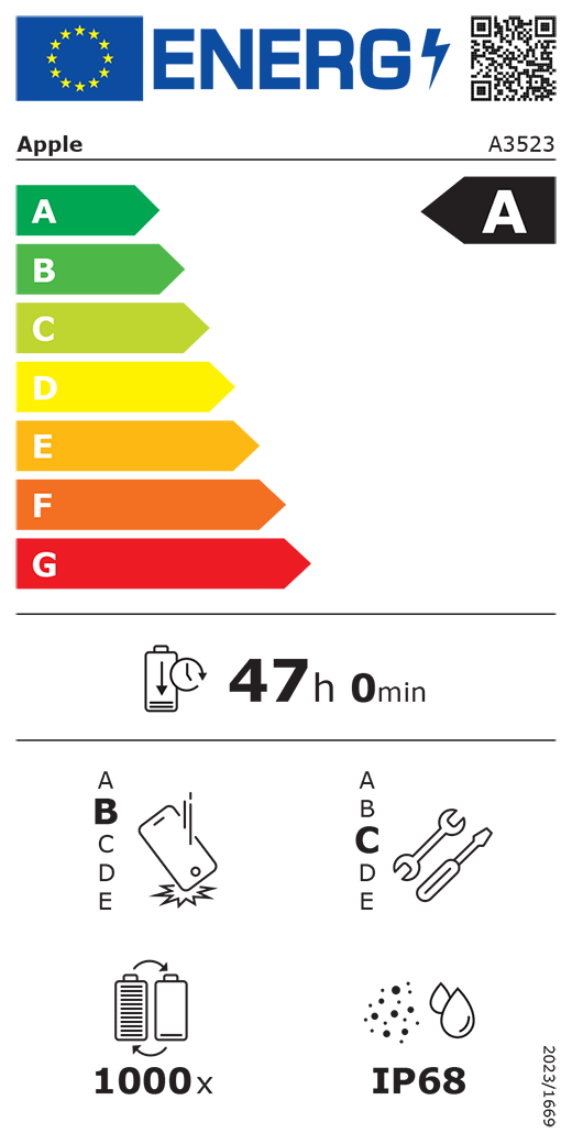 QR kód a informácie na energetickom štítku EÚ, model Apple A3523, trieda A, triedy energetickej účinnosti (so stupnicou od A po G), A (najúčinnejšia) až G (najmenej účinná), výdrž batérie na jeden cyklus, 47 hodín a 0 minút na plné nabitie batérie, trieda spoľahlivosti pri opakovanom voľnom páde B, A (najodolnejšia) až E (najmenej odolná), trieda opraviteľnosti C, A (najopraviteľnejšia) až E (najmenej opraviteľná), výdrž batérie 1 000 cyklov, stupeň ochrany proti vniknutiu prachu a vody (IP) IP68, nariadenie 2023/1669