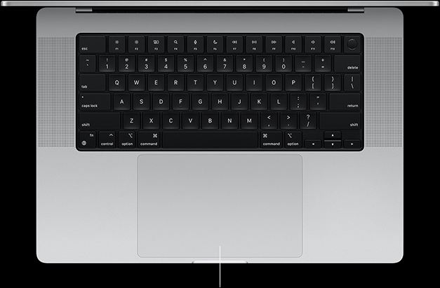 Pohľad zhora na otvorený 16‑palcový MacBook Pro s trackpadom Force Touch umiestneným pod klávesnicou