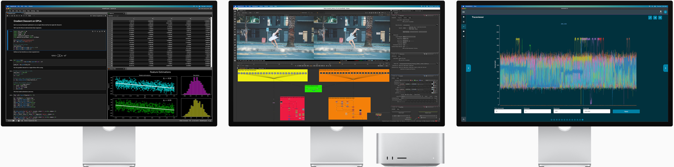 Mac Studio 和三部 Studio Display，螢幕上皆顯示不同的 macOS app