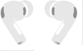 실리콘 팁과 노이즈 캔슬링 마이크를 갖춘 AirPods Pro 3의 왼쪽과 오른쪽 무선 헤드폰 스케치. 가로 및 세로 길이가 mm 단위로 표시되어 있습니다.