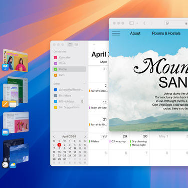 Keynote, Pages, Mail ve sakin bir mabet hakkında bir web sayfası da dahil olmak üzere birden fazla pencere ve uygulama gösterilen bir ekran.