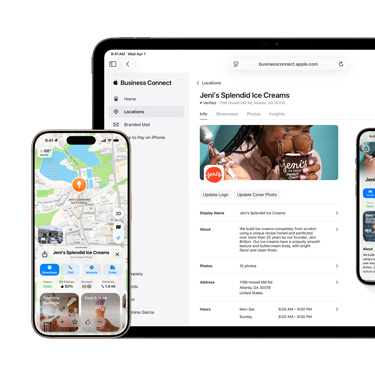 Front view of an iPad featuring a business’s Apple Business Connect platform. In front of the iPad is an iPhone featuring the business’s Apple Maps information.