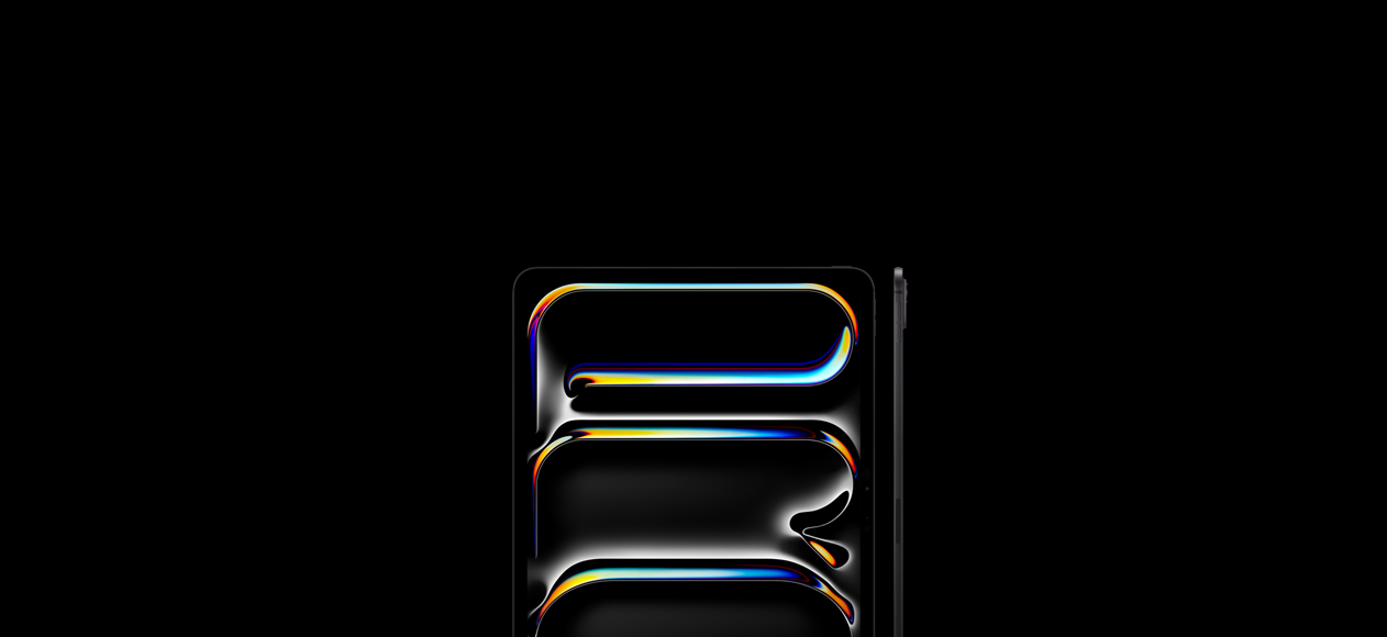Two iPad Pro devices, front exterior, portrait orientation, black display bezel, display showing multicoloured, curved line art, side exterior, thin profile, volume-up button, volume-down button, raised Pro Camera System