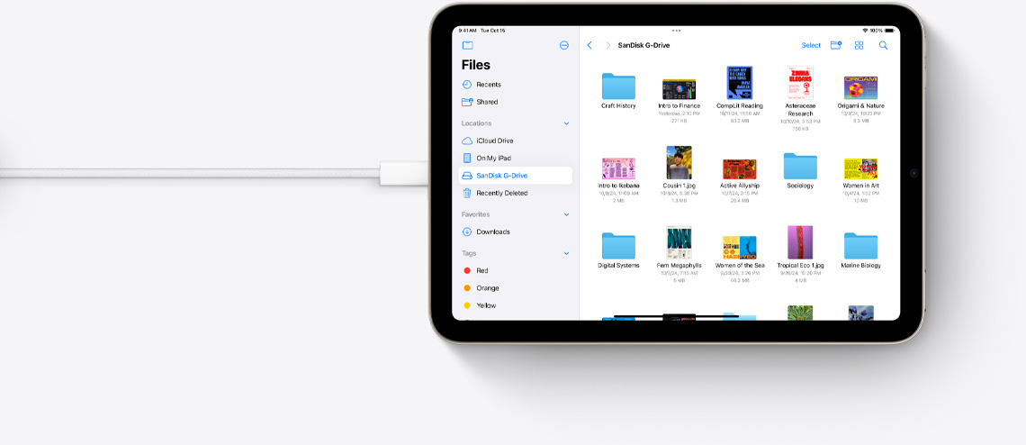 Tiedostoja vaakasuuntaisessa iPad minissä, johon on liitetty USB-C-johto.