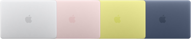 Vista exterior de cuatro modelos de MacBook Neo, cada uno con un acabado diferente