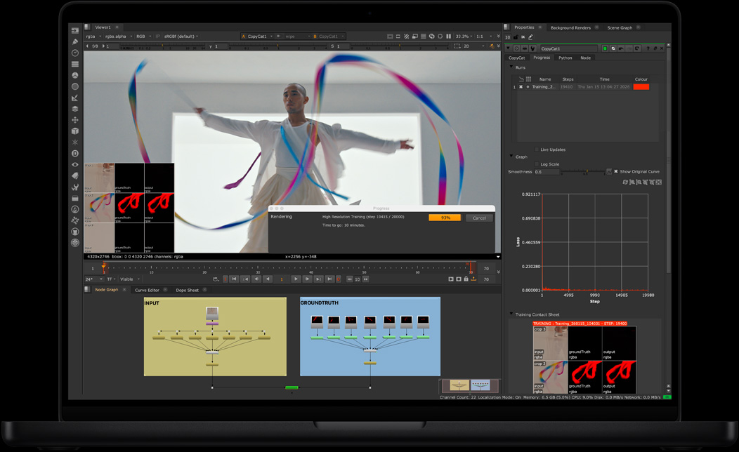 Écran de MacBook Pro affichant NukeX utilisé pour monter une vidéo