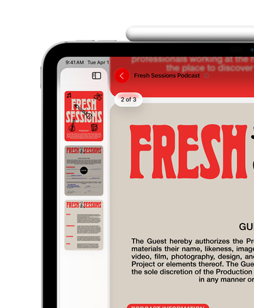 iPad, vandret position, Apple Pencil magnetisk fastgjort øverst på iPad, øverste venstre del af skærmen viser PDF i appen Billedfremviser