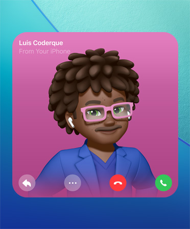 FaceTime-yhteystietojuliste, genmoji keskellä, henkilön nimi ylhäällä vasemmalla, kuvakkeet vastaamista varten, lisää vaihtoehtoja, lopeta puhelu ja vastaa alareunasta