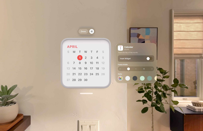 Calendar widget reading April 1st floats on wall, reminder widget floats above, to right, float personalization options to change frame’s thickness and color