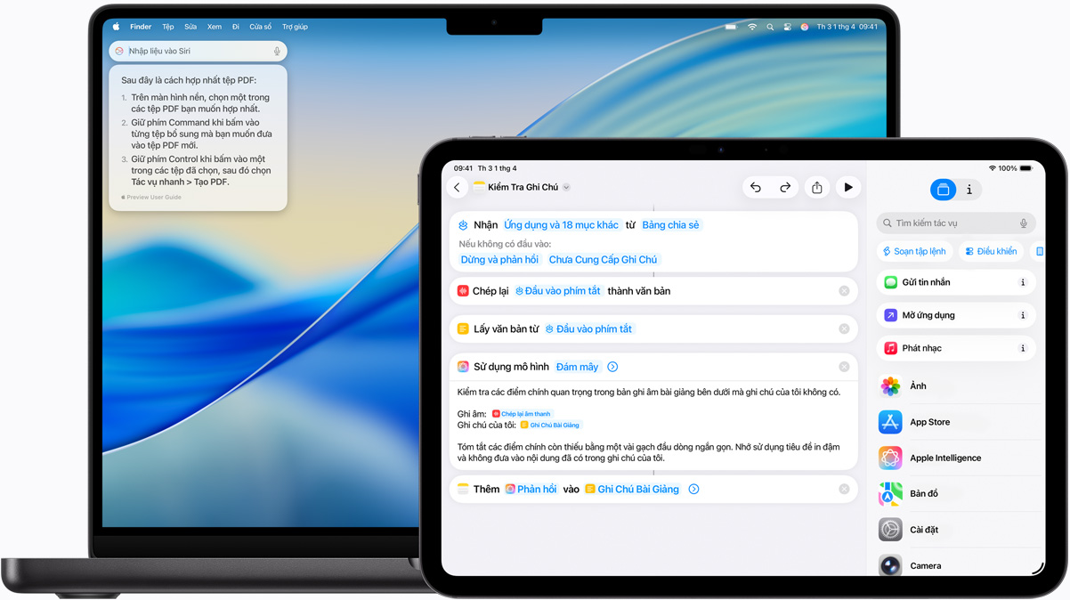 Mac showing Type to Siri, and iPad showing a Shortcut built with Apple Intelligence.