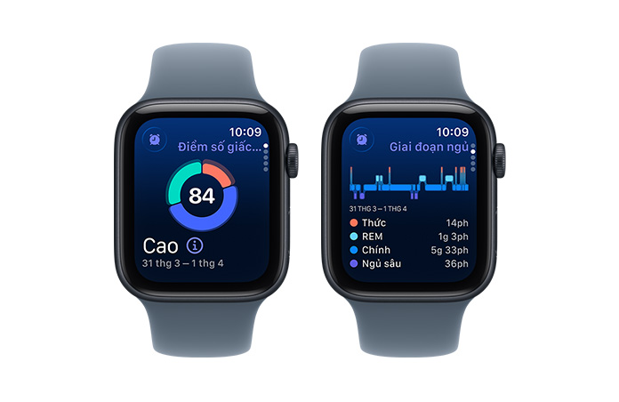 Apple Watch SE 3, điểm số giấc ngủ, biểu đồ hình tròn và số điểm, các giai đoạn ngủ phân tích giai đoạn thức, giấc ngủ REM, giấc ngủ chính và giấc ngủ sâu
